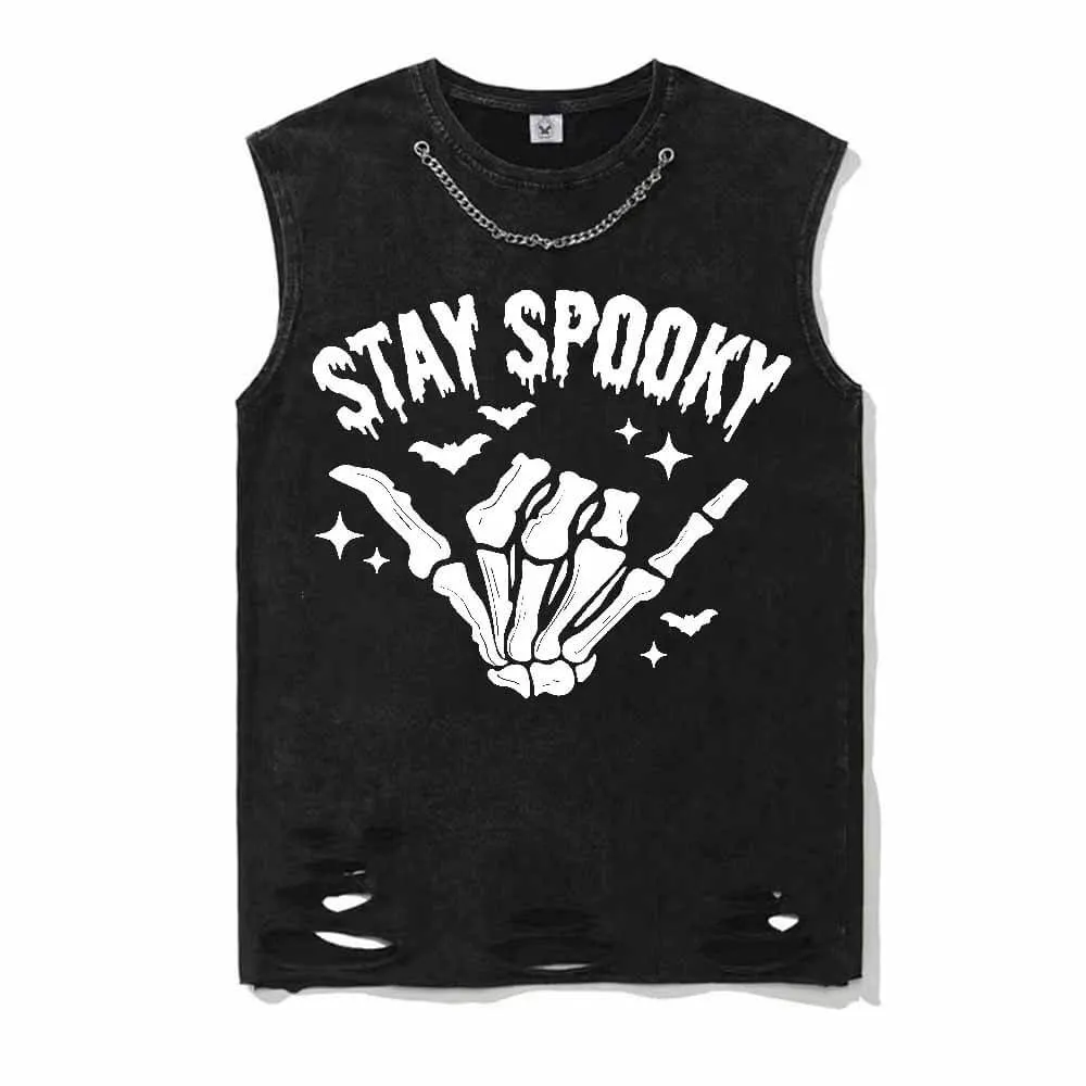 Vintage Washed Stay Spooky Skull Hand Cotton Vest Top