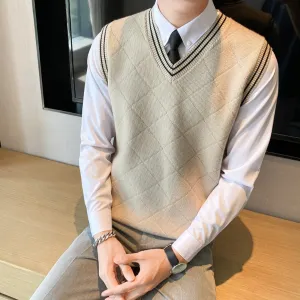 Voguable  New Design Knitted Sweater Vest Man V Neck Plaid Sleeveless Jumper England Business Casual Slim Fit Pullovers
