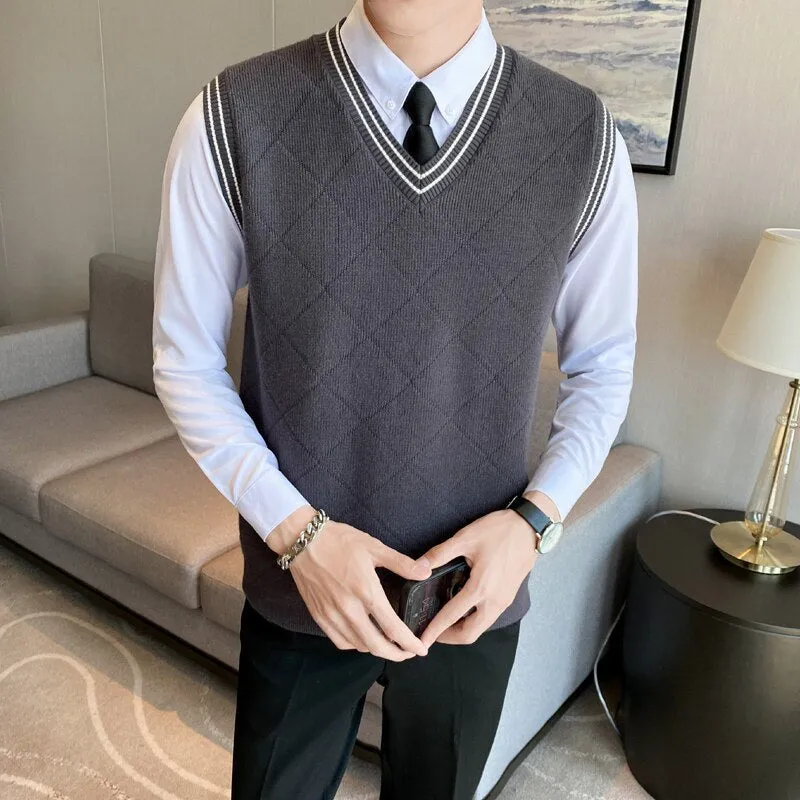 Voguable  New Design Knitted Sweater Vest Man V Neck Plaid Sleeveless Jumper England Business Casual Slim Fit Pullovers