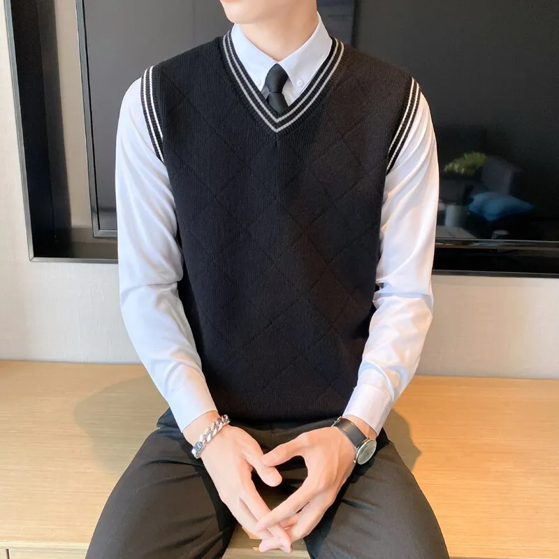 Voguable  New Design Knitted Sweater Vest Man V Neck Plaid Sleeveless Jumper England Business Casual Slim Fit Pullovers
