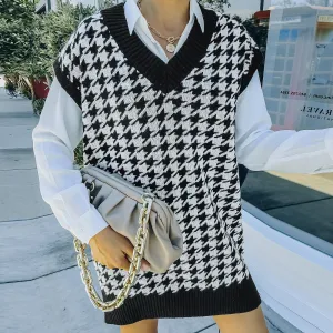 Women Fall Outfits Knitted Vest Sleeveless Houndstooth Sweater