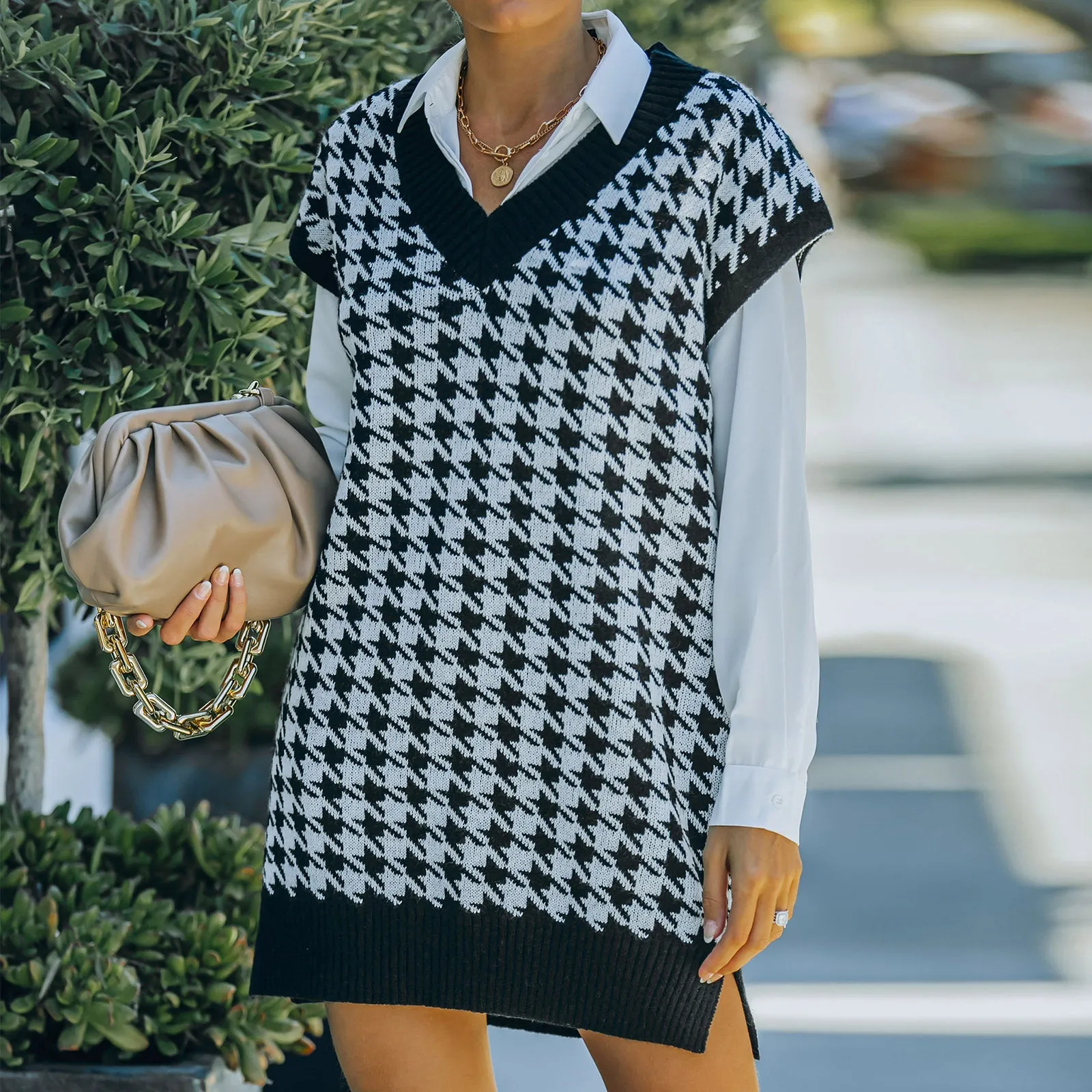 Women Fall Outfits Knitted Vest Sleeveless Houndstooth Sweater