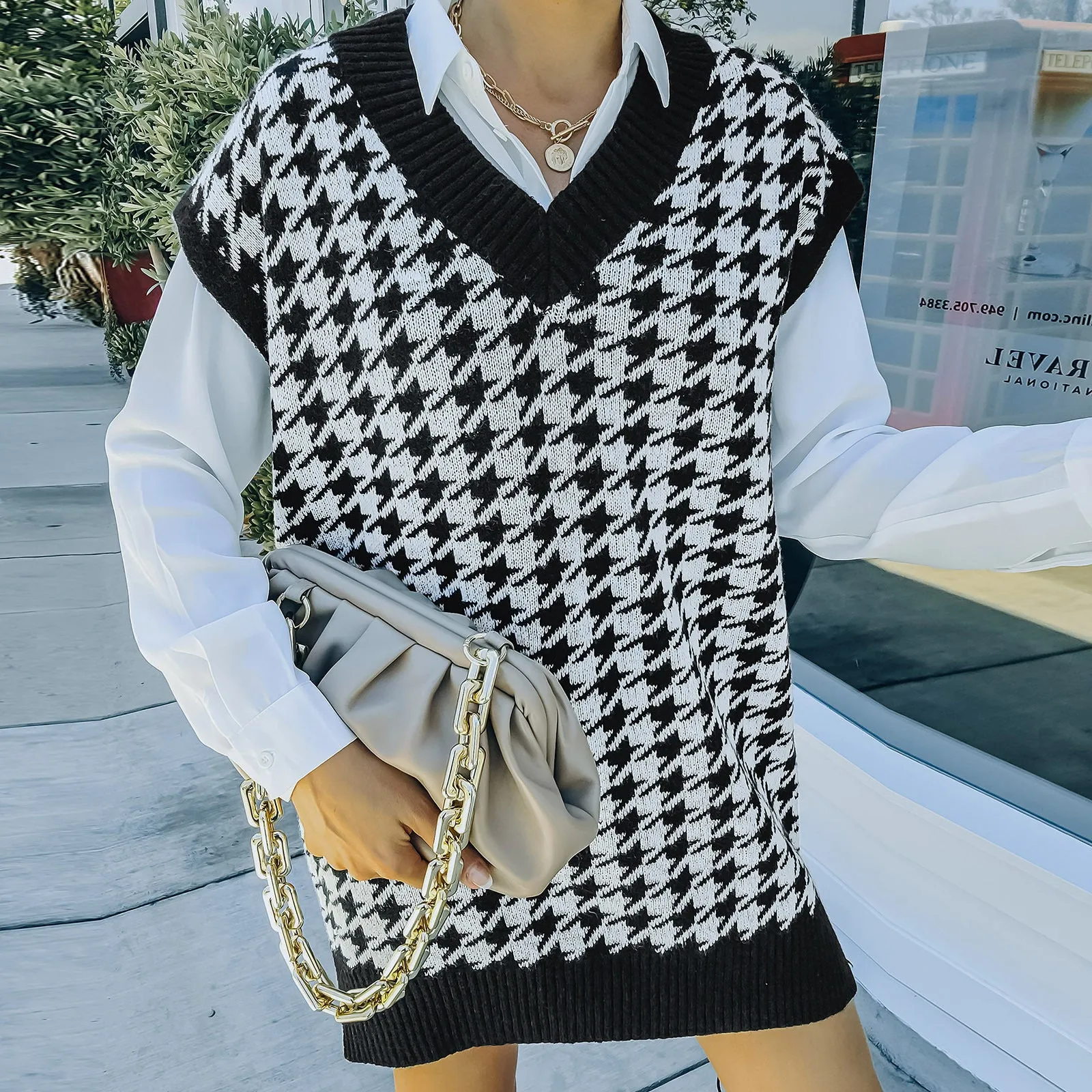 Women Fall Outfits Knitted Vest Sleeveless Houndstooth Sweater
