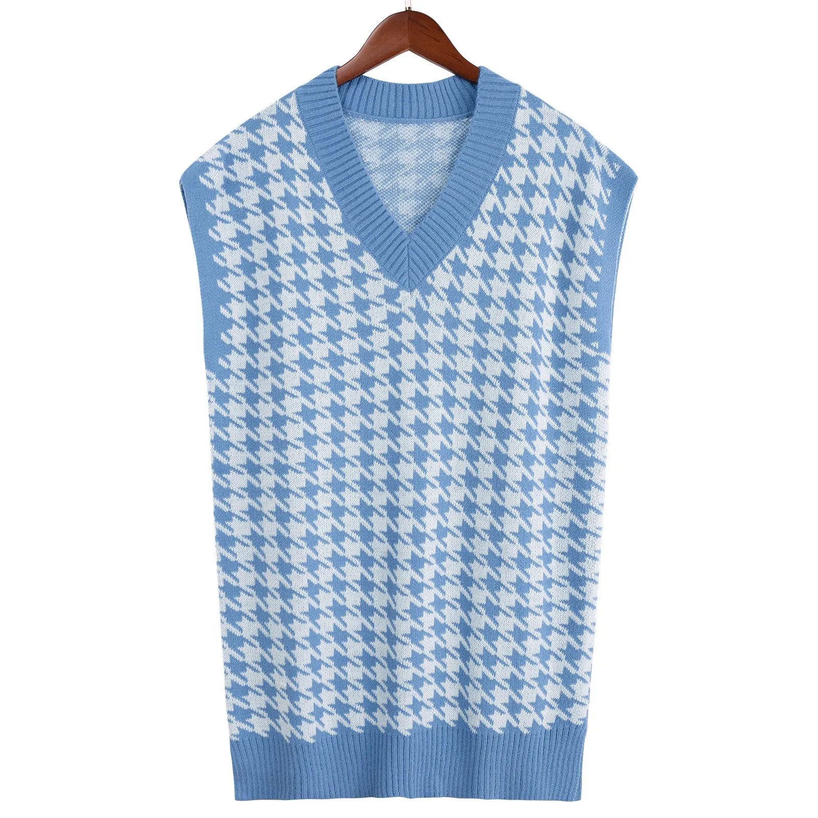Women Fall Outfits Knitted Vest Sleeveless Houndstooth Sweater