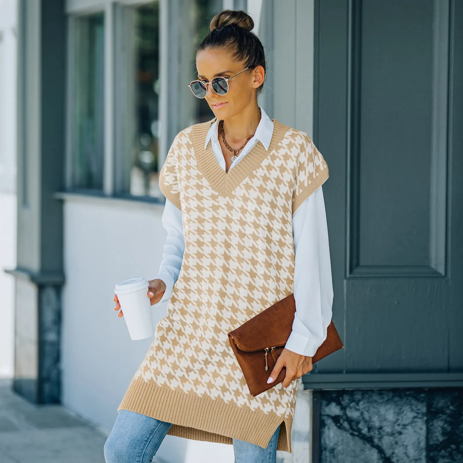Women Fall Outfits Knitted Vest Sleeveless Houndstooth Sweater