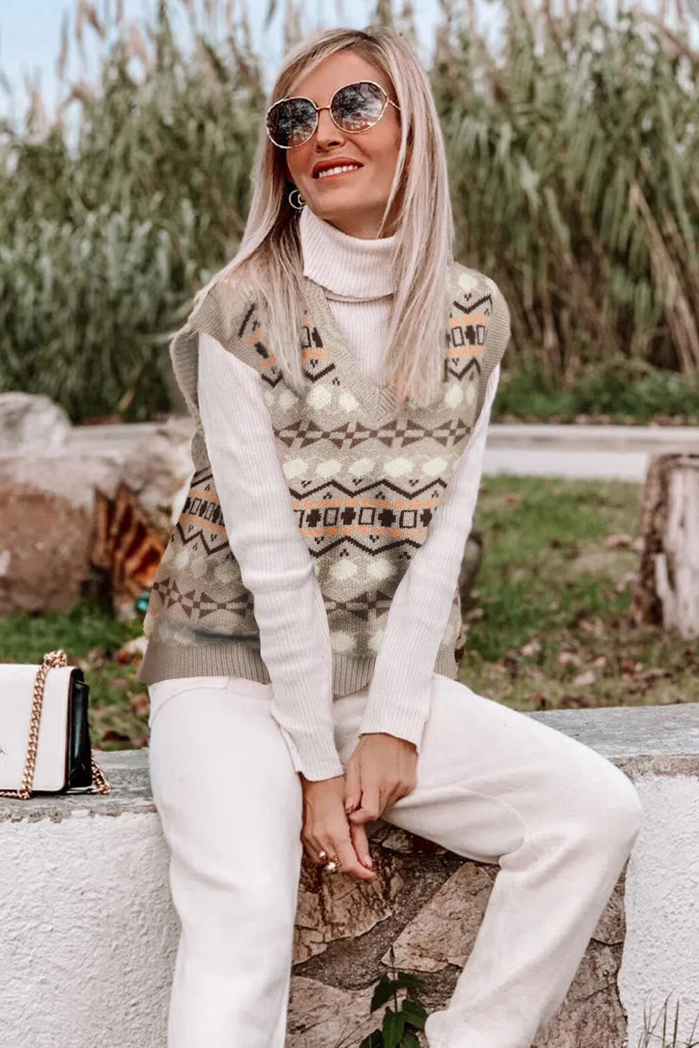 Women Geometric Print V Neck Sleeveless Knitted Vest