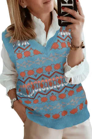 Women Geometric Print V Neck Sleeveless Knitted Vest