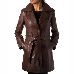 Women's Chocolate Brown Genuine Leather Trench Coat