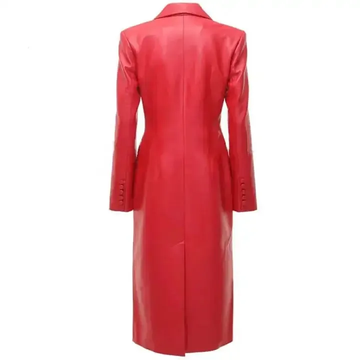 Women's Red Leather Button-Up Steampunk Trench Coat - Bold & Vintage