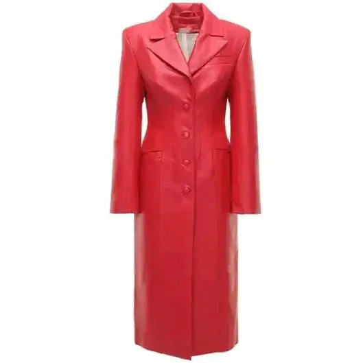 Women's Red Leather Button-Up Steampunk Trench Coat - Bold & Vintage