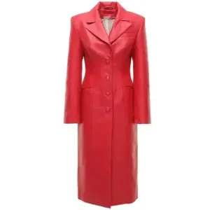 Women's Red Leather Button-Up Steampunk Trench Coat - Bold & Vintage