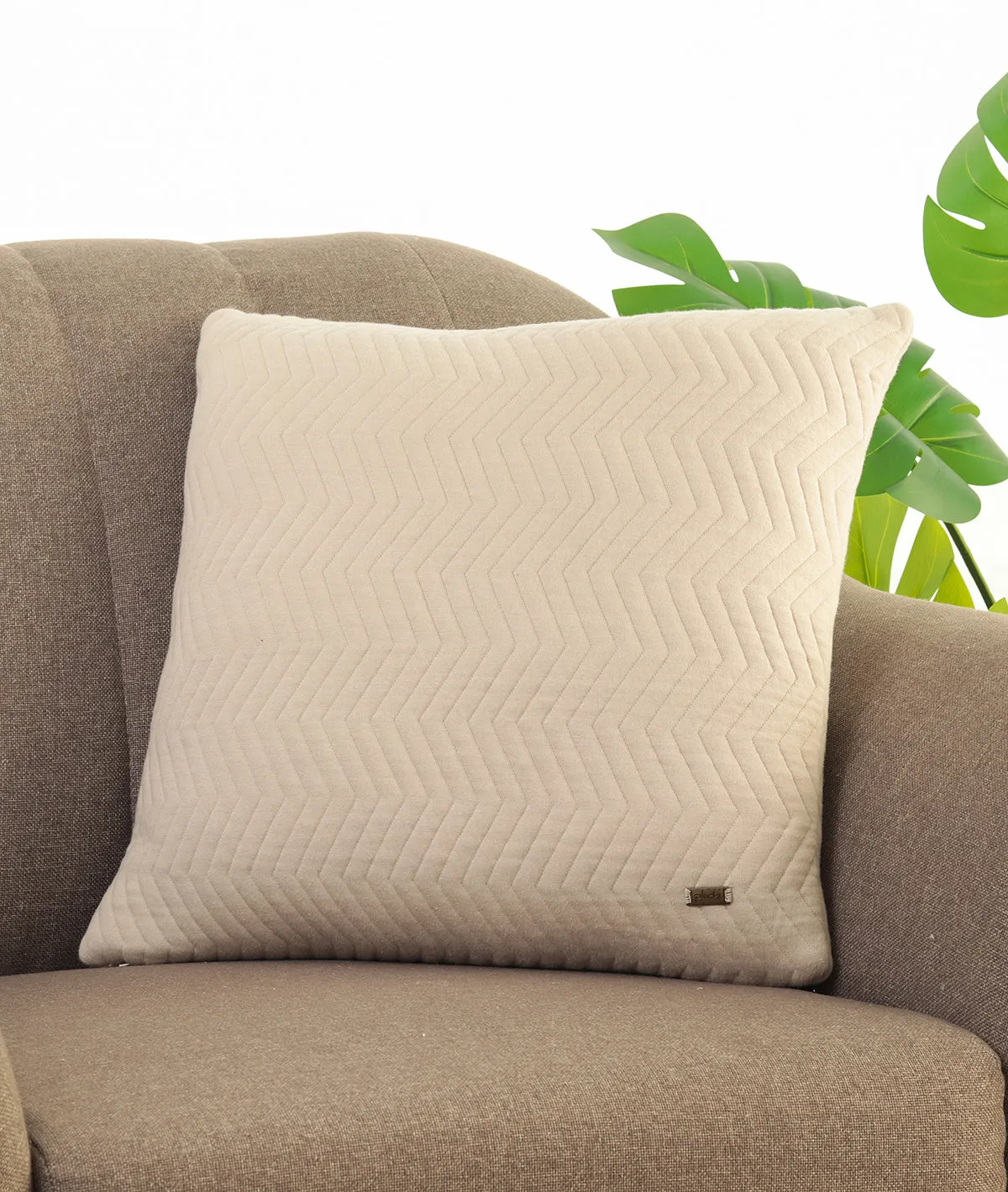 Zig-Zag Pale Whisper & Natural Cotton Knitted Quilted Decorative 18 X 18 Inches Cushion Cover
